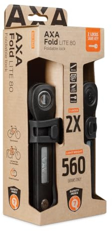 AXA Fold Lite 80 Duo Pack, Set mit 2 Faltschlössern, 80 cm lang, 4 gleiche Schlüssel, mit 2 Halterungen, leichtes Fahrradschloss, auf doppelte Länge verbinden