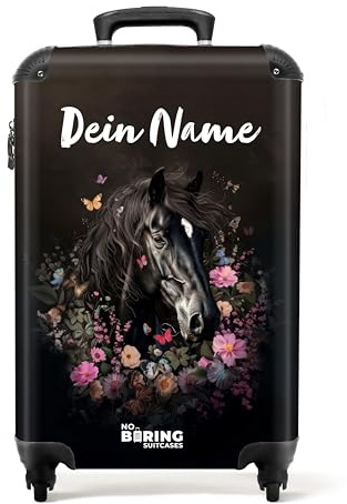NoBoringSuitcases© Kinderkoffer, Koffer Personalisiert, Koffer Mädchen, | 55x40x20 cm - Koffer Kinder Mädchen, Reisetasche Mit Rollen, Reisekoffer, Handgepäck Koffer (Pferdekopf, Blumen - Schwarz)