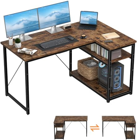TRIUMPHKEY L-förmiger Schreibtisch 140x80 cm, Reversibler Eckschreibtisch mit Regal, Gaming Computertisch Büroschreibtisch, Corner Gaming Tisch für Zuhause Schlafzimmer Braun