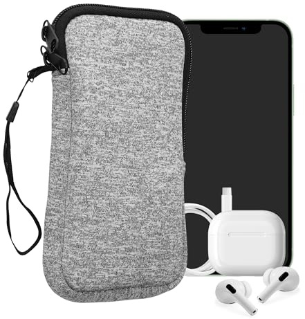 kwmobile Neopren telefonväska storlek XXL – 17,78 cm (7 tum) – universell mobiltelefonväska med dragkedja, handledsrem – ljusgrå/vit
