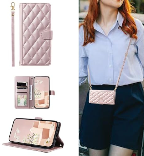 ESONG Correa Funda para iPhone 13 / iPhone 14 con Tapa,Carcasa Flip Libro Billetera de Cuero de PU,Cartera Case para Mujer con Soporte Plegable,Ranura para Tarjeta,Magnético Rosa