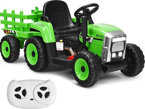SOARS Elektrischer Traktor für Kinder 12 V mit abnehmbarem Anhänger (grün) | Traktor mit Fernbedienung und Gaspedal, Fahrzeug mit Multimedia, Hupe und Licht, Belastung 30 kg