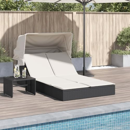 ShGaxin Doppel-Sonnenliege mit Dach und Auflagen Schwarz Poly Rattan, Gartenliege, Liegestuhl, Sonnenstuhl, Sonneninsel Outdoor, Liegen, Gartenmöbel, Bäderliege, Relaxliege - 368637