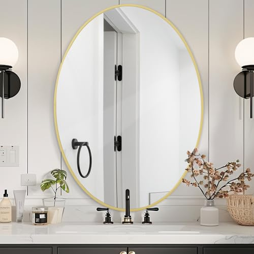 Melodieux Ovaler Wandspiegel 51 x 71 cm Gold Kreisförmiger Wandspiegel zum Aufhängen Dekorativer Kosmetikspiegel zur Wandmontage für Badezimmer Wohnzimmer Flur