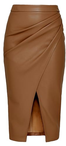 MAOAEAD Faldas largas de cuero para mujer, de cintura alta, plisadas, con abertura, de piel sintética, elegante, color negro, falda lápiz entallada