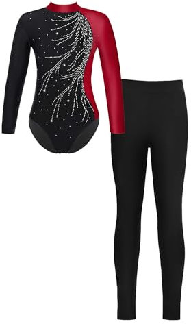 HULIJA Mädchen Turnanzug Langarm Tanz Trikot mit Lang Hose Turnbody Akrobatik Anzug Unitard Jumpsuit Bodysuit Overall Ballettkledung Weinrot&Schwarz 146-152