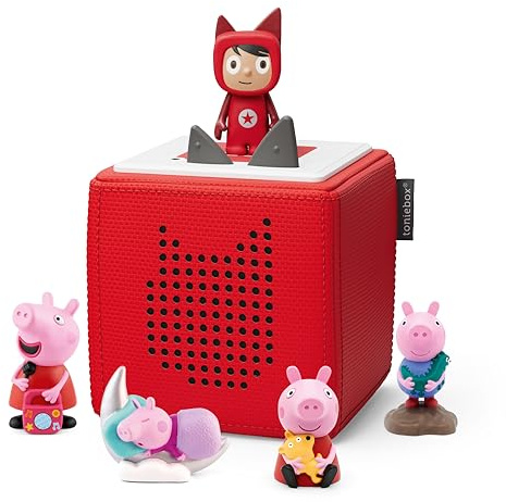 Toniebox Extrapack – Toniebox Starterset Rot + 4X Peppa Pig Hörfiguren, Audioplayer für Hörbücher und Lieder, einfach zu bedienende Musikbox mit Peppa Wutz Hörspiel für Kinder ab 3 Jahren
