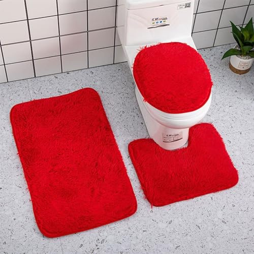 3-teiliges Badezimmerteppich-Set, weiche Mikrofaser, rutschfeste Badematte, flauschiger Plüsch-WC-Sitzbezug für Badezimmer, wasserabsorbierende Badematte, maschinenwaschbar (rot)