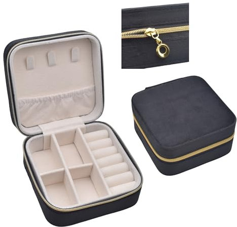 BECKLUXE Small Travel Jewellery Box for Women, Mini Portable Jewelry Box Organiser, PU Leather, Velvet Jewellery Case Holder for Women, Girls (Velvet Black, Square 10x10x5cm)