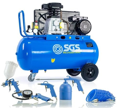 SGS 90 Litre Belt Drive Air Compressor with 5-Piece Tool Kit – Powerful Garage & Workshop Compressor, 3HP, 14 CFM, 150 PSI