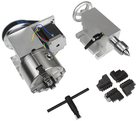 QQXUAN CNC Router Milling Machine Rotary Table Rotational Axis 4th Axis A Axis, K12-100mm 4 jaw Chuck Dividing Head with 65mm Tailstock Reducing ratio 6:1 Fit for CNC Engraving Machine