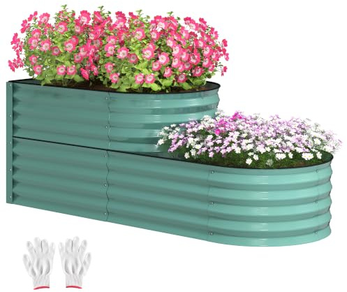 Outsunny 2-Tier Galvanised Raised Garden Bed, 150 x 60 x 57cm, Dark Green | Outdoor Metal Planter Box, Open Bottom, Safety Edging, Gloves, for Vegetables, Flowers, Fruits and Herbs