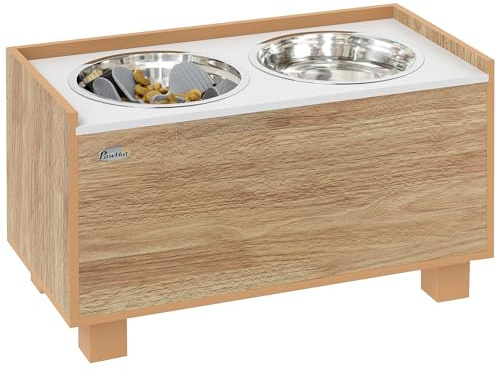 PawHut Comedero Perro Elevado Alimentador Lento para Perros Grandes Roble | Extraíble, Espacio de Almacenaje, Cuencos para Perros, 2x2 L, Comedero y Bebedero de Acero Inoxidable
