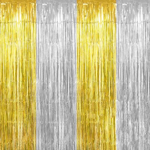 Luktastic Lametta Vorhang,Glitzervorhang 4 Stück 1x3m,Laser Rot,Fransenvorhang,Luftschlangen Geburtstag,Gold+Silber
