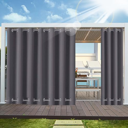 Outdoor Vorhang Wetterfest mit ösen Oben und Unten (Nach Mass), Wasserdicht Wetterfest Vorhang Sonnenschutz Sichtschutz Gardine für Außen Terrasse Balkon Vorhalle, 1 Stück 355X215cm Dunkelgrau