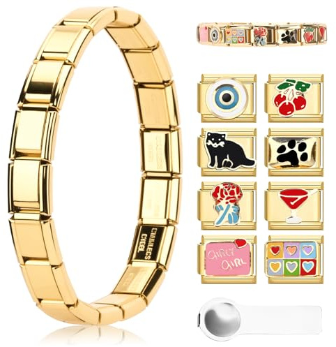 Ouxayapl Italian Charm Bracelet Set di bracciali fai da te con moduli rimovibili per braccialetti 9 mm, charms italiani in oro con strumento di apertura