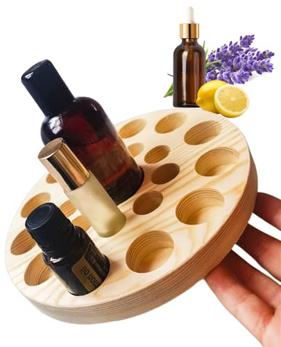 VolksRose Organizador Giratorio para Aceites Esenciales de Madera de Pino - Estante Redondo de 19cm con 22 Huecos para Frascos de 5ml a 100ml, Almacenamiento para Aromaterapia, Esmaltes y Perfumes