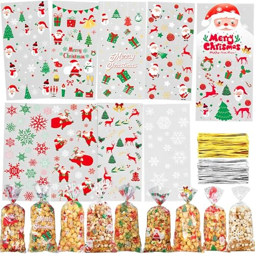 Plätzchentüten Weihnachten, 120 Stück Kekstüten Weihnachten, 9 Stile Geschenktüten Weihnachts, Cellophantüten, Weihnachtstüten zum Befüllen, Süßigkeiten Weihnachts Tüten mit Twist Krawatten