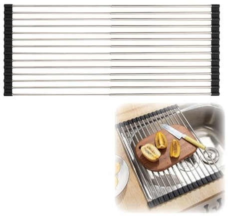 Escurridor telescópico plegable de acero inoxidable resistente al calor de 15 a 23.6 pulgadas, antideslizante, enrollable, ahorra espacio, color plateado (ancho 28 cm)