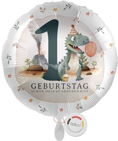balloa Folienballon Dino Party, Geschenk zum 1. Geburtstag für Jungen oder Mädchen, Helium Ballon Rund mit Dinosaurier Motiv und Zahl 1, Kindergeburtstag Deko Urzeit Motto Geburtstagsdekoration, 33cm