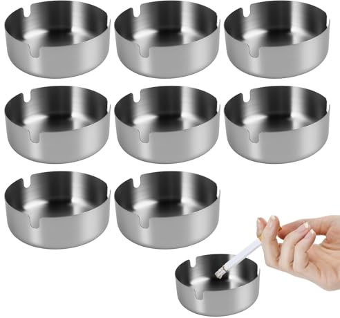 8 Piezas Cenicero de Acero Inoxidable de 8 cm, Cenicero Redondo Portátil, Ceniceros de Metal para Cigarrillos, Cendrier pour Intérieur et Extérieur, Cendrier de Table para Bares, Hogar, Oficina