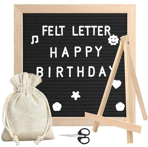 Tbintul Tablero de letras de fieltro, 25 x 25 cm, Letter Board Retro, 340 Caracteres, Marco de Madera, para Citas, Notas y Anuncios, Tablero de Mensajes, Pared y Mesa (Negro)