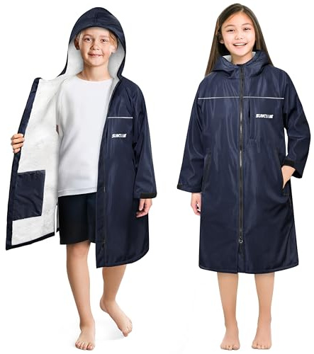 SUN CUBE Swim Parka Boy Girl, Kids Unisex Hooded Changing Robe with Water Resistant Shell and Sherpa Lining for Swimming, Surfing, Triathlon, Water Sports, Navy