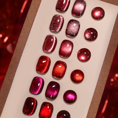 BORN PRETTY Cat Magnetic Eye U V Gel, 6 Farben Rote Serie U V Nagellack Glitzer Set mit Magnet Soak-Off Gellack für Anfänger DIY Nail Art Maniküre Salon