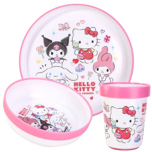 Hello Kitty & Friends 3pcs Reusable Bicolor Kids Dinner Tableware Set | Premium Plastic Dinnerware Sets Includes Toddler Cups, Plates and Bowls, 100% Safe, BPA Free & Certified Food Safe (US/EU)