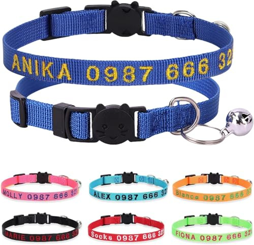 Personalisierter Katzenhalsband mit besticktem Namen, Blau | Individuell bestickter Name & Telefonnummer; Ablös‑Sicherheitsschnalle, verstellbares Nylon‑Halsband für Katzen & Kätzchen