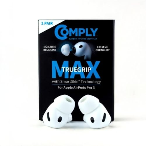 Comply TrueGrip MAX | Premium Memory Schaumstoff Ersatz-Ohrstöpsel für Apple AirPods Pro (3 Generation) | SmartSkin™-Technologie | hervorragende Geräuschisolierung| Weiss, Größe M, 1 Paar