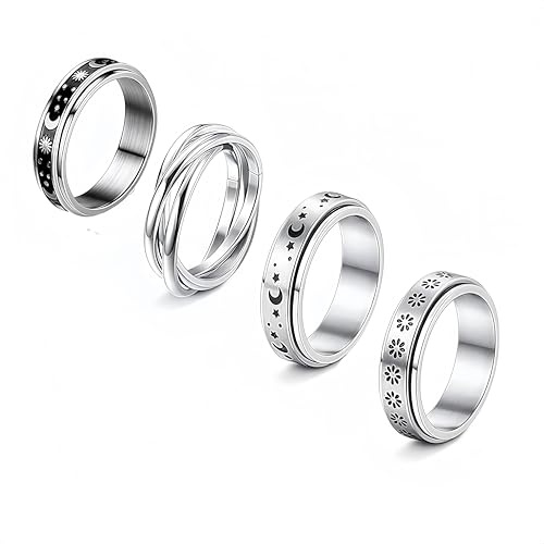 QIAMNI 4 st spinner-ringar för kvinnor rostfritt stål fidget band ringar set måne stjärna sandblästrad finish damring för stressavlastning bröllopslöfte, Size 11, rostfritt stål, Ingen ädelsten