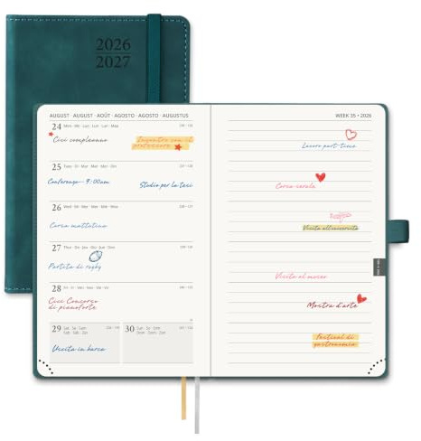 POPRUN Agenda 2026 2027 Semana Vista, A6 Pequeña de Bolsillo 16 x 10,5 cm | Una Página por Semanal con Una Página de Notas, 17 Meses, Ago.2026 a Dic.2027, Papel 80 GSM, escolar, Color Petróleo