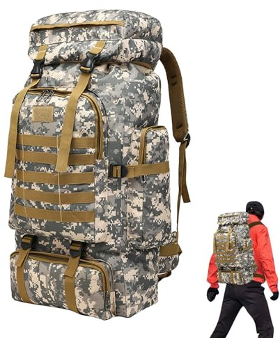 Assault Pack Wasserdichter Jagdrucksack, Wanderrucksack mit großem | Fassungsvermögen von 80 l, strapazierfähige Outdoor- und Trekking-Tasche, Abenteuer-Rucksack mit mehreren Fächern, grün (camu