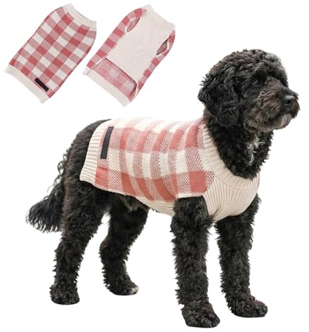 Bobby & Poppy Strick Hundepullover, Warmer Winterpullover für kleine, mittlere & große Hunde, ultrasofter Hundepulli Karomuster Dackel Französische Bulldogge Gingham Dog_Tostado Beige mit Altrosa S