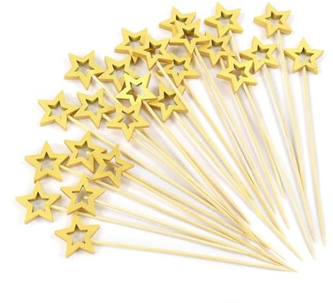 200Pcs Star Disposable Bamboo Skewers Buffet Fruit Food Picks Cocktail Sticks Christmas Decoration Birthday Wedding(Gold)