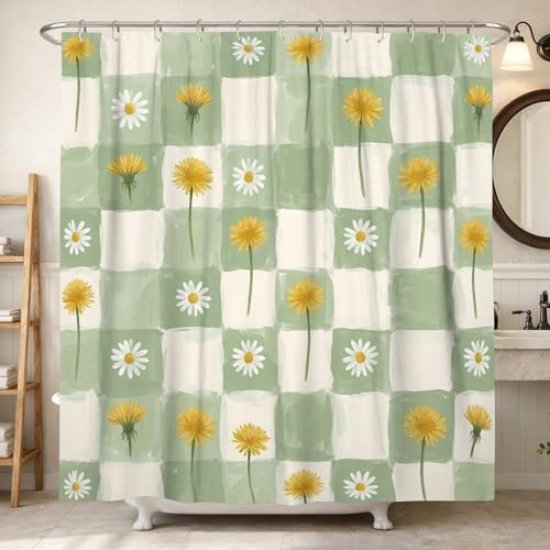 Cortina de ducha con diseño de diente de león, diseño de crisantemo verde primavera, tela impermeable, para baño, bañera, apartamento, decoración de 72 x 78 pulgadas