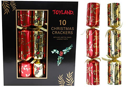 Toyland Confezione da 10-36 cm di Lusso con Cracker Natalizio Rosso, Oro e Verde con Motivo a Agrifoglio