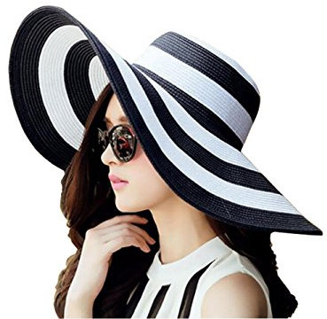 1 x Damen-Sonnenhut, weiß + schwarz, gestreift, faltbar, Strandmode, breite Krempe, eleganter Sonnenhut, Sommer, Strand, Strohkappe, LSF 50+, Weiß + Schwarz, 56/58 cm