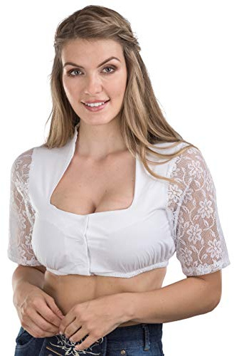 Schöneberger trakt Couture elegant smutsig blus torgklänning – damer dirndl blus med ädel knopfleiste och ståkrage – ärmar av spets och transparent