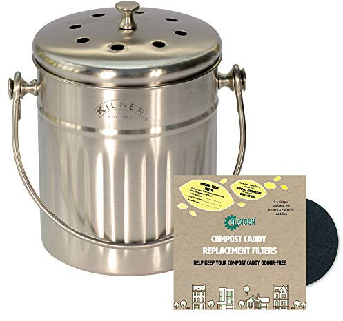 2 Litre, Stainless Steel Compost Caddy/Kitchen Food Waste Bin & 1 Pack of 2 x Filters - 2L Brushed Stainless Steel