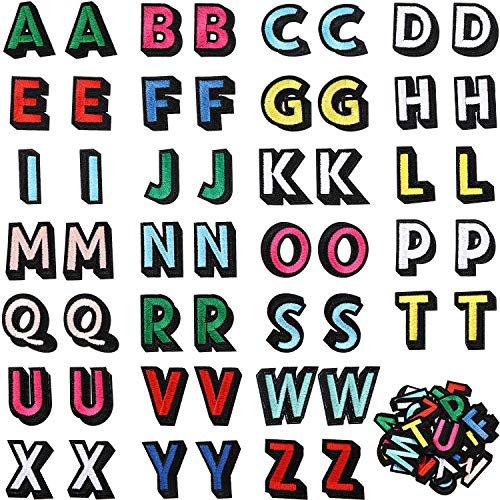 52 Pieces Iron on Letter Patches, Alphabet Applique Patches or Sew on Appliques with Embroidered Patch A-Z Letter Badge Decorate Repair Patches for Hats, Shirts, Shoes, Jeans, Bags