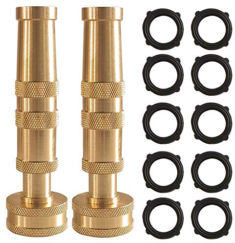 Hourleey Adjustable Twist Hose Nozzle, 4 Heavy-Duty Brass Hose Nozzle with 10 Garden Hose Rubber Washers, 2 Pack