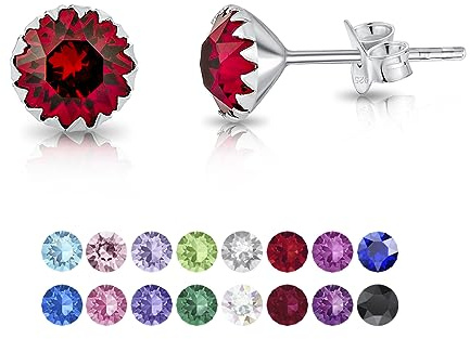 Pendientes Mujer Plata de Ley 925 con Brillantes de Cristal Rojo Rubí 6 mm - Pendientes de Botón Pequeños Plata Ley 925 - Clásicos, Elegantes, Joyería Regalo Mujer