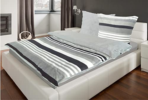 Bettwäsche 135x200 + 80x80 cm Winter Microfaser Flausch Fleece Thermofleece warm Cashmere Touch Teddy 2 TLG teilig (Soft Cashmere Touch Qualität Design Streifen Grau, ca. 135x200 + 80x80 cm)