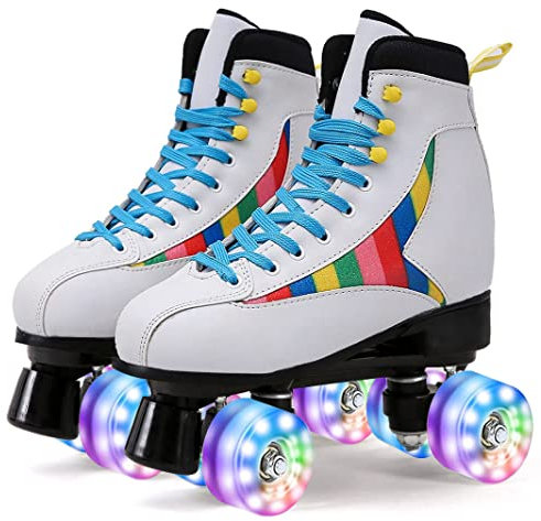 DEFHE Rollschuhe für Damen und Herren, Outdoor Quad Wheel Rink Skates mit Leuchtrollen, klassische Quad Rink Skate Schuhe für Erwachsene/Mädchen/Unisex und Anfänger, weiß-42EU/11US