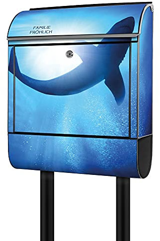 banjado® Briefkasten mit Standfuß personalisierbar Motiv Hai - Stand Briefkasten mit Zeitungsfach pulverbeschichtet aus Stahl schwarz - Postkasten A4 Einwurf inkl. 2 Schlüssel