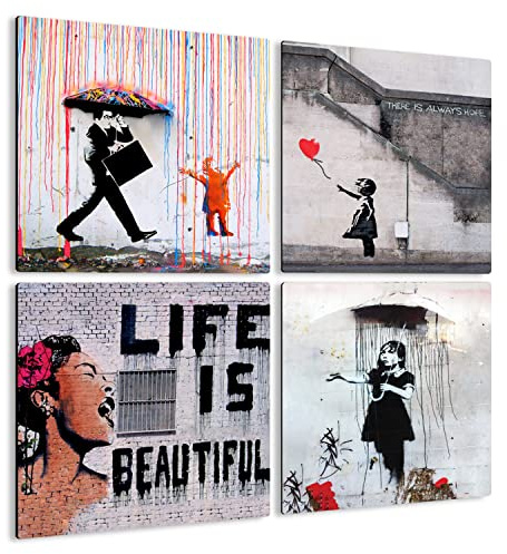 Giallobus - 4 Quadrate mit mehreren Feldern - Banksy - Banksys schönste Werke - Sammlung 1 - MDF-Holz - 29,7x29,7 - x 4 Stück