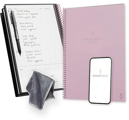Rocketbook Fusion wiederverwendbarer undatierter Produktivitätsplaner, Briefgröße 21,6 x 27,9 cm, Rosa – Ziele, Monats- und Wochenkalender, tägliche To-Do-Liste, linierte und gepunktete Notizseiten