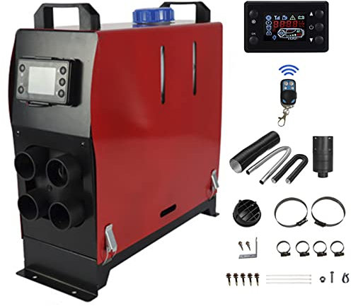 Calefacción Estacionaria 12V 5KW, Calentador de Aire Diesel con Pantalla LCD y Control Remoto, Calentador Coche para Coche SUV Furgoneta Automóvil Camiones Barco Autobús,Rojo,4 Holes